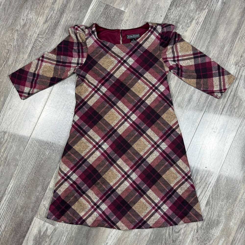 Jessica Howard Womens Red Multi Plaid 3/4 Sleeve Shift Dress